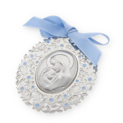 Medalla ovalada de Cuna Baño de Plata con esmaltado Azul Virgen con Niño