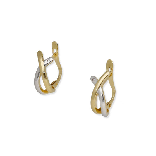 Pendientes Medio Aro en Oro de Ley 18K Bicolor Entrelazado con Diamante