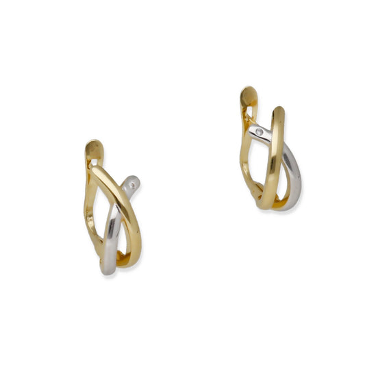 Pendientes Medio Aro en Oro de Ley 18K Bicolor Entrelazado con Diamante