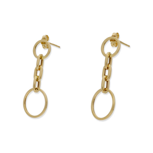 Pendientes Doble Círculo y Cadena en Oro de Ley 18K
