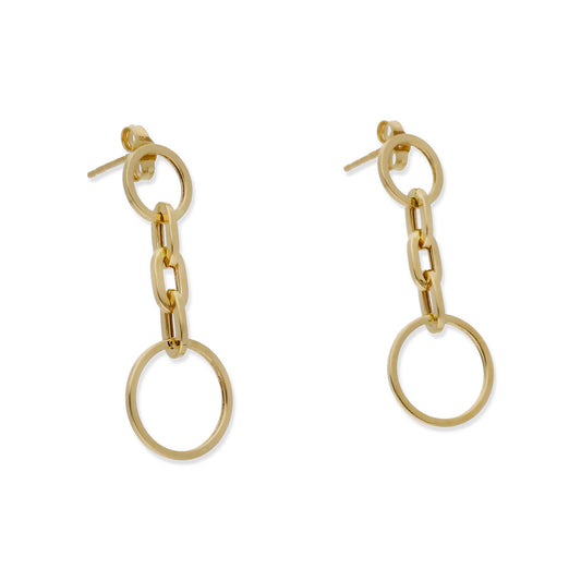 Pendientes Doble Círculo y Cadena en Oro de Ley 18K