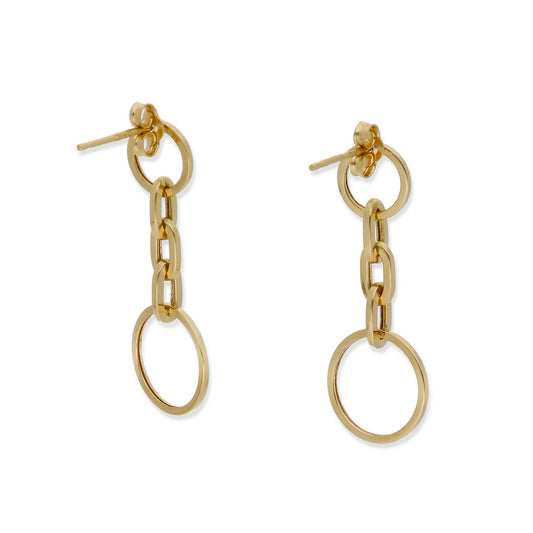 Pendientes Doble Círculo y Cadena en Oro de Ley 18K