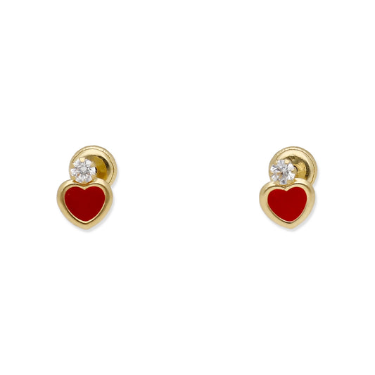 Pendientes Bebé Corazón Esmaltado y Circonita de Oro 18K