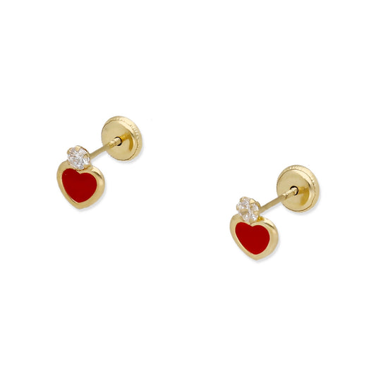 Pendientes Bebé Corazón Esmaltado y Circonita de Oro 18K