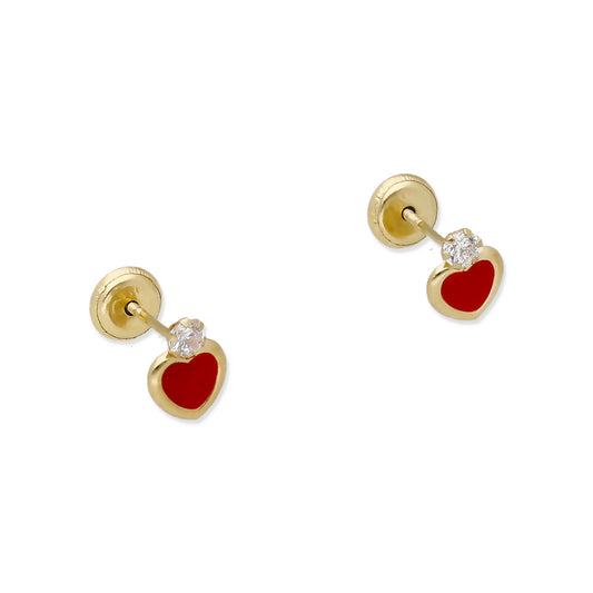 Pendientes Bebé Corazón Esmaltado y Circonita de Oro 18K