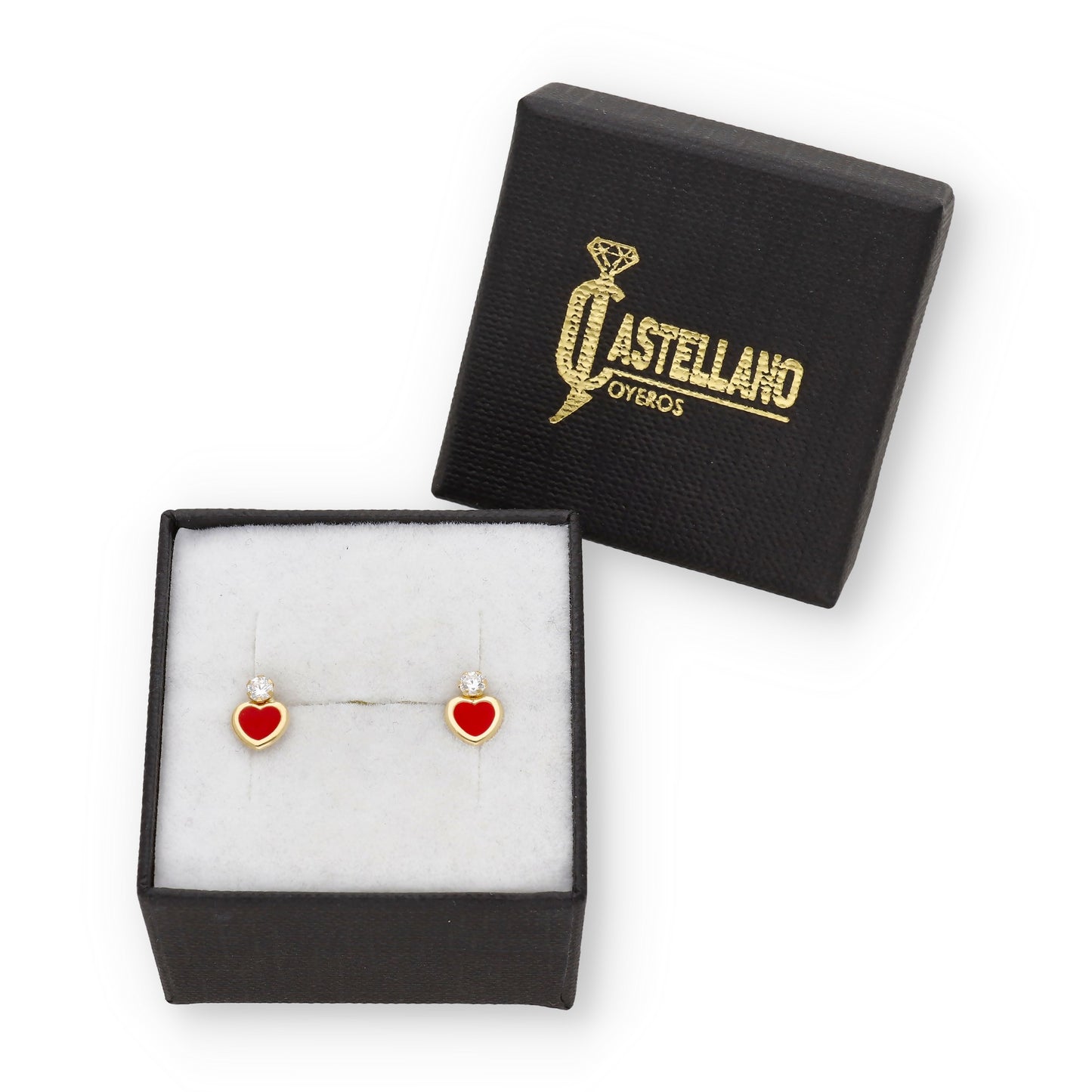 Pendientes Bebé Corazón Esmaltado y Circonita de Oro 18K