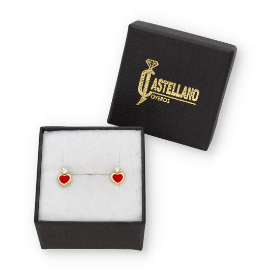 Pendientes Bebé Corazón Esmaltado y Circonita de Oro 18K
