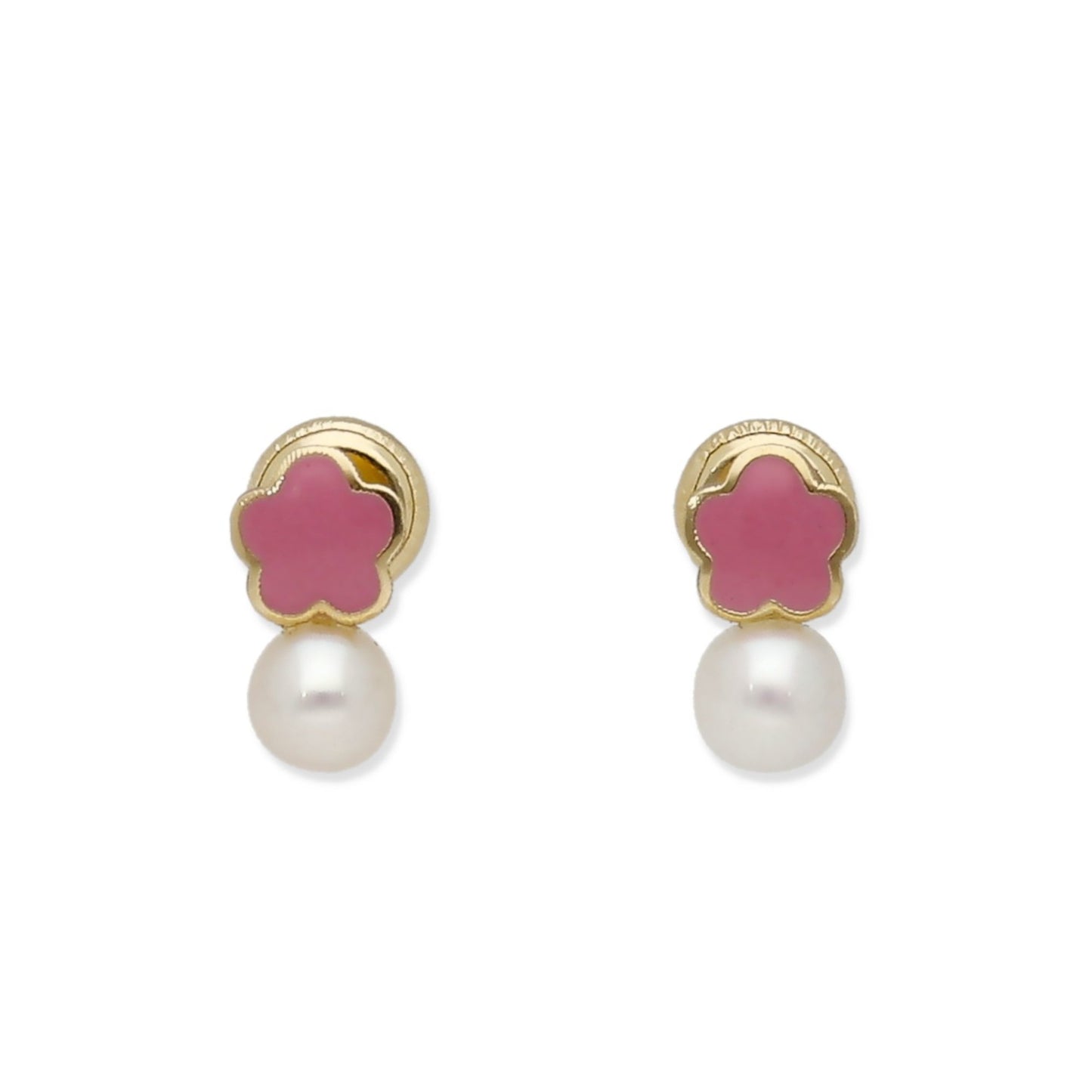Pendientes Bebé Flor Esmaltada y Perla de Oro 18K