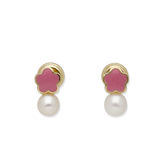 Pendientes Bebé Flor Esmaltada y Perla de Oro 18K