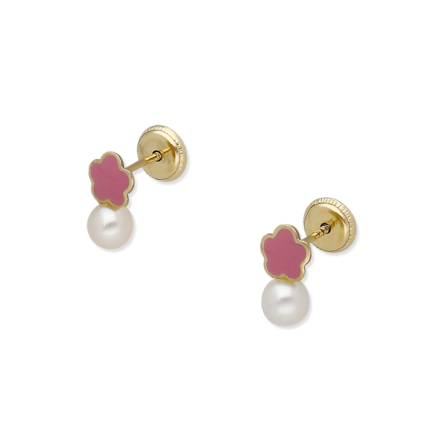 Pendientes Bebé Flor Esmaltada y Perla de Oro 18K