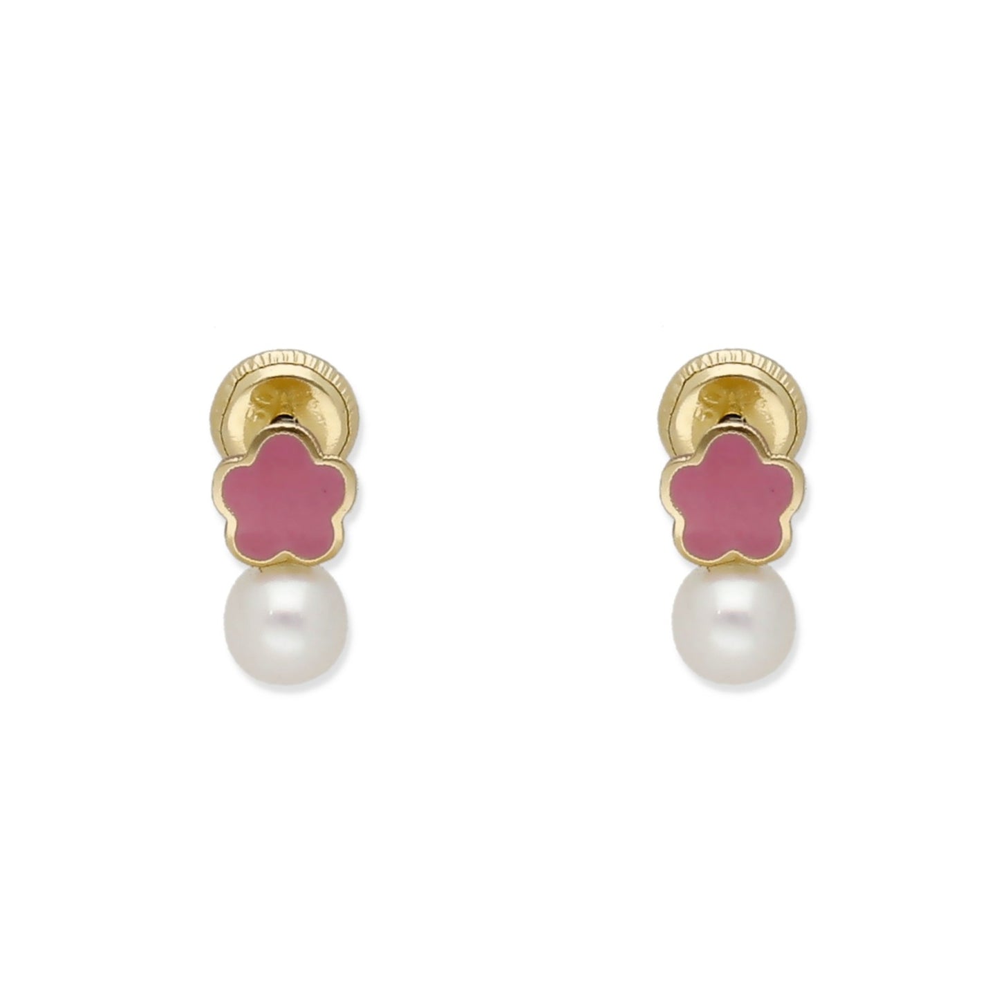 Pendientes Bebé Flor Esmaltada y Perla de Oro 18K