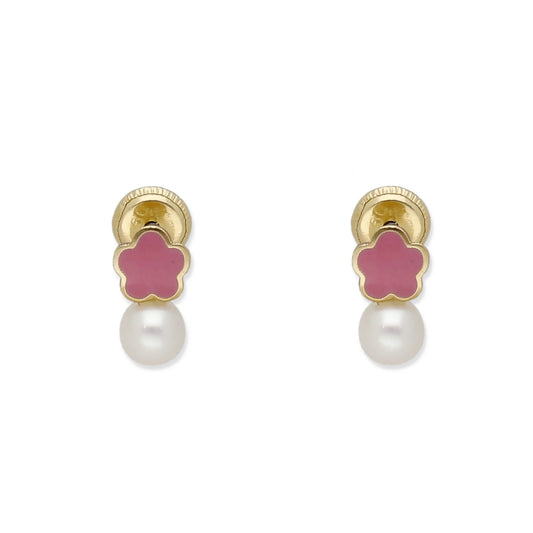 Pendientes Bebé Flor Esmaltada y Perla de Oro 18K