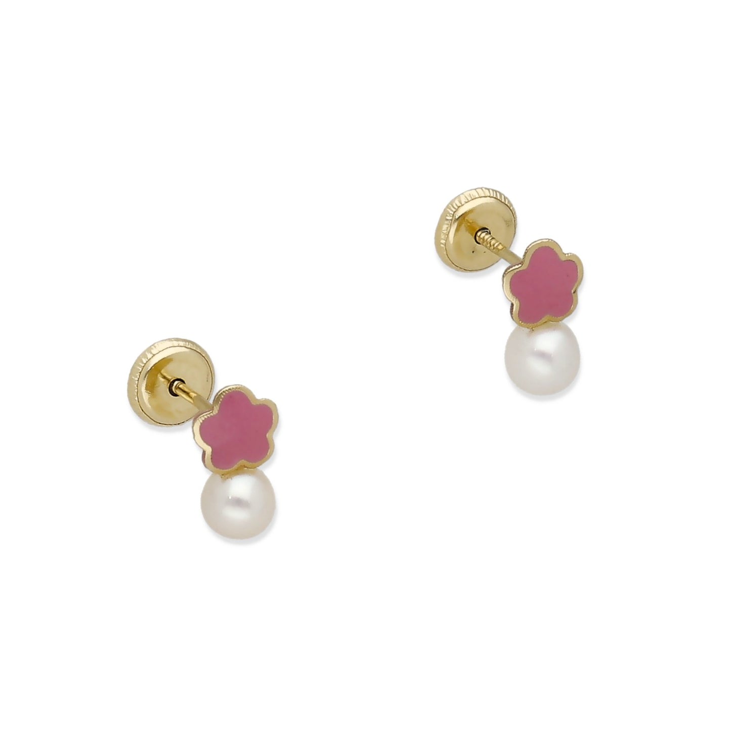 Pendientes Bebé Flor Esmaltada y Perla de Oro 18K
