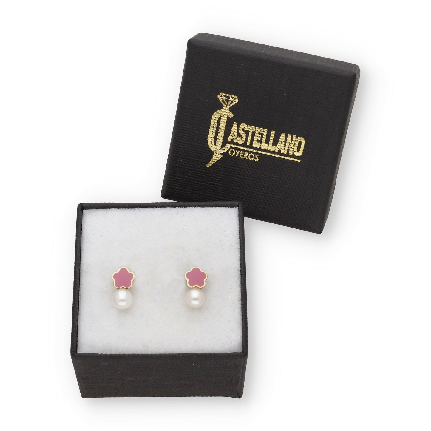 Pendientes Bebé Flor Esmaltada y Perla de Oro 18K