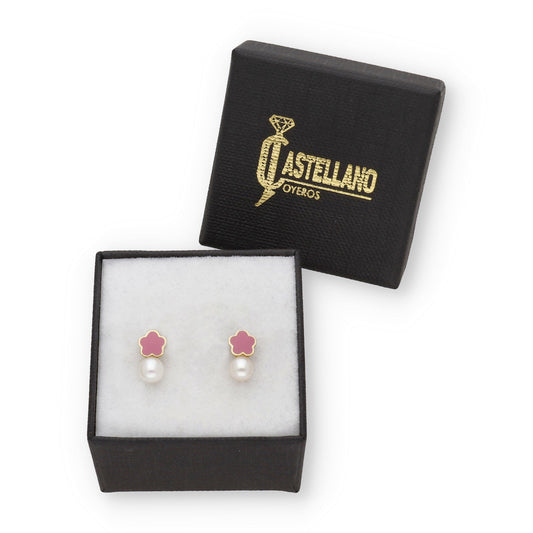 Pendientes Bebé Flor Esmaltada y Perla de Oro 18K