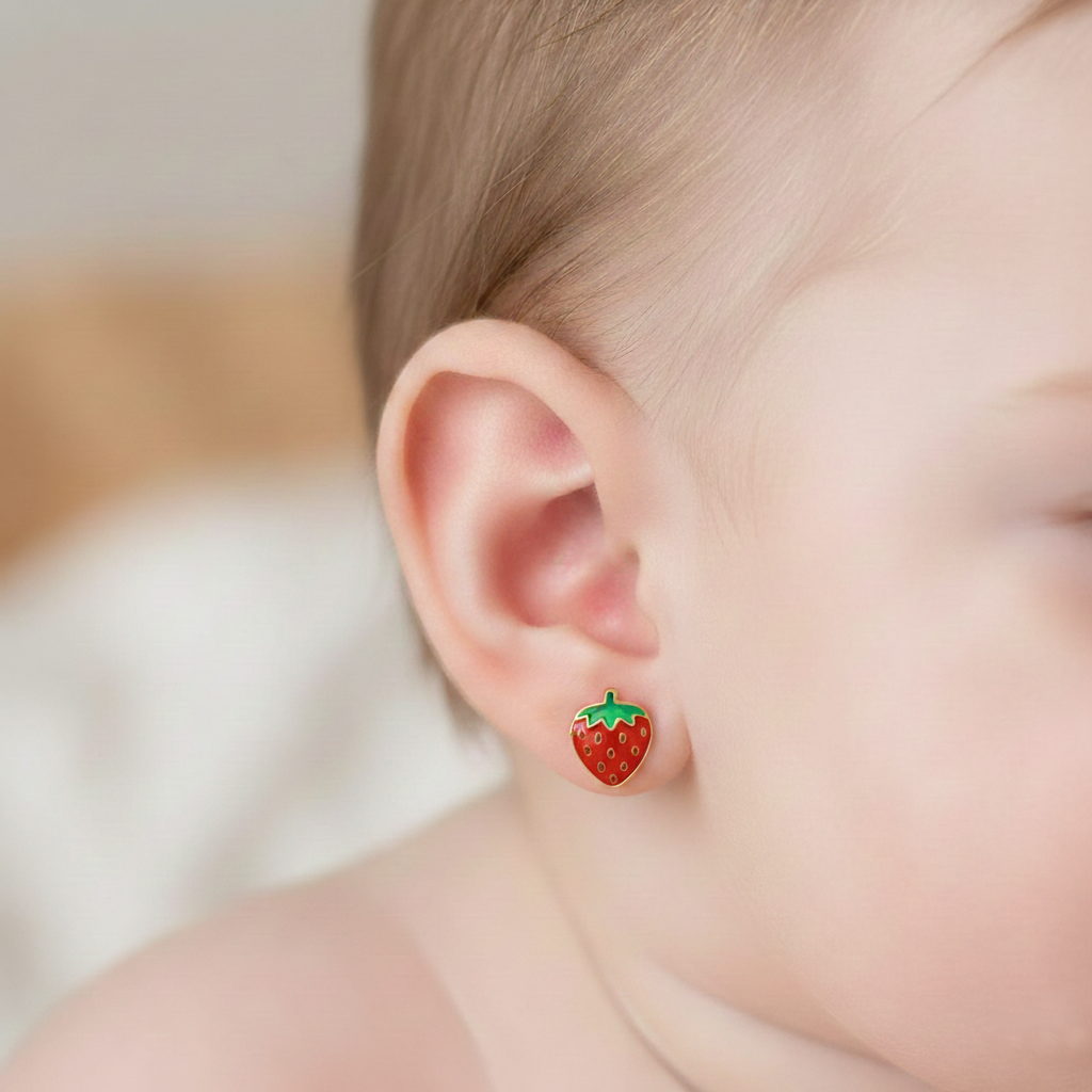 Pendientes Bebé Fresa Esmaltada de Oro 18K
