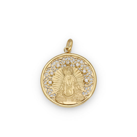 Medalla Virgen de la Soledad en Plata Bañada en Oro 18K con Circonitas 22mm