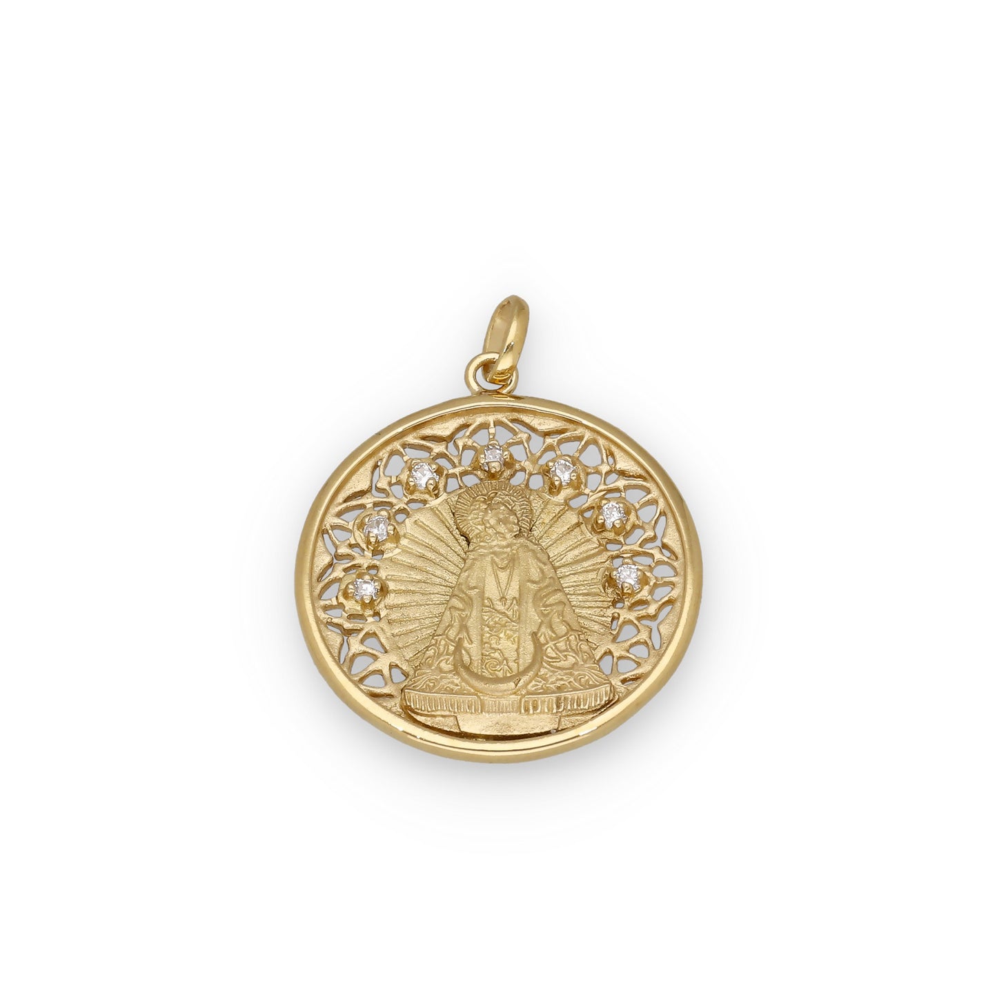 Medalla Virgen de la Soledad en Plata Bañada en Oro 18K con Circonitas 22mm