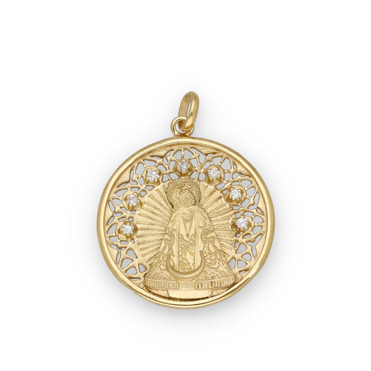 Medalla Virgen de la Soledad en Plata Bañada en Oro 18K con Circonitas 30mm