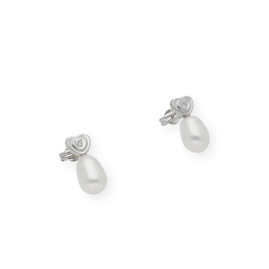 Pendientes Corazón en Oro Blanco 18k con Diamantes y Perlas