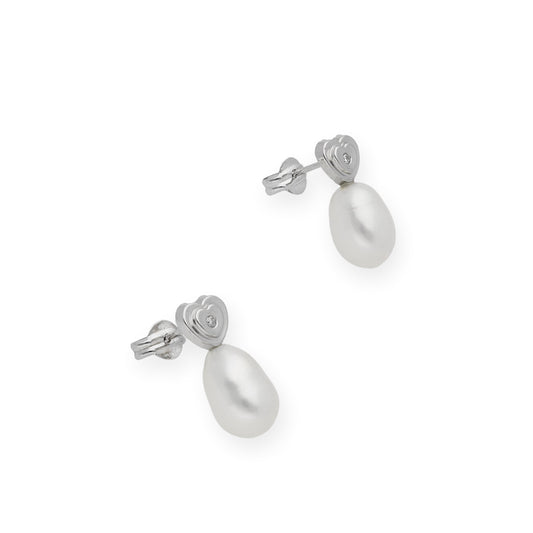 Pendientes Corazón en Oro Blanco 18k con Diamantes y Perlas