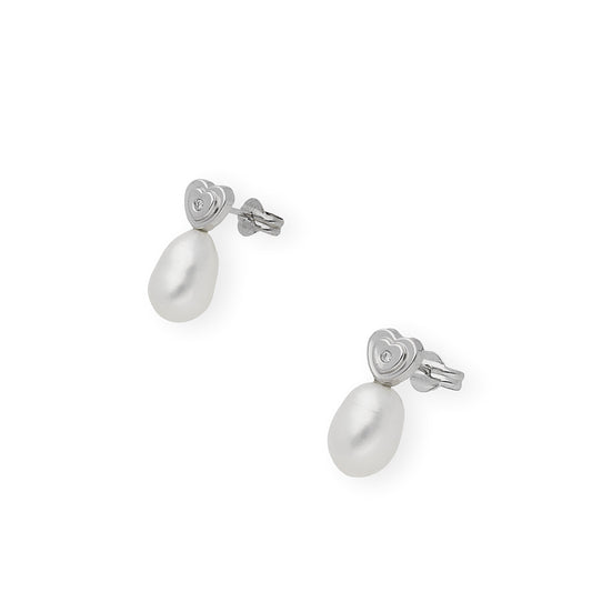 Pendientes Corazón en Oro Blanco 18k con Diamantes y Perlas
