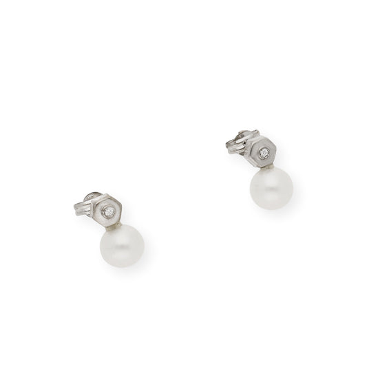 Pendientes de Oro hexagonal con Diamante y Perlas