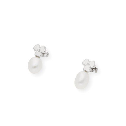 Pendientes trébol de Oro con Diamante y Perlas