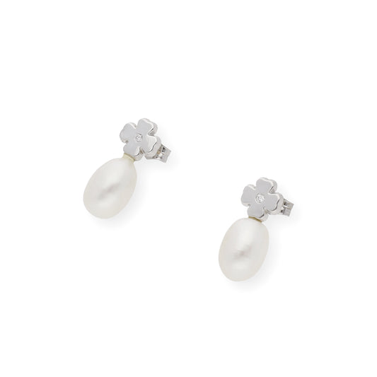 Pendientes trébol de Oro con Diamante y Perlas