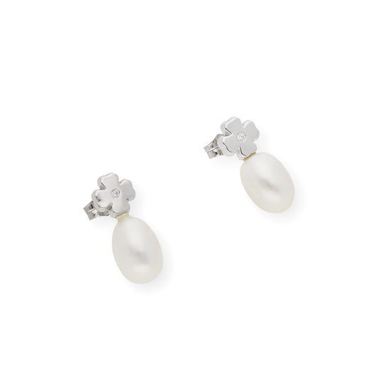 Pendientes trébol de Oro con Diamante y Perlas