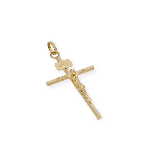 Colgante Pequeña Cruz Tubo con Cristo en Oro 18K