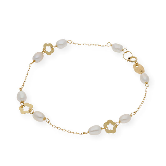 Pulsera de Perlas Barrocas y Flor de Oro de Ley 18k para Comunión