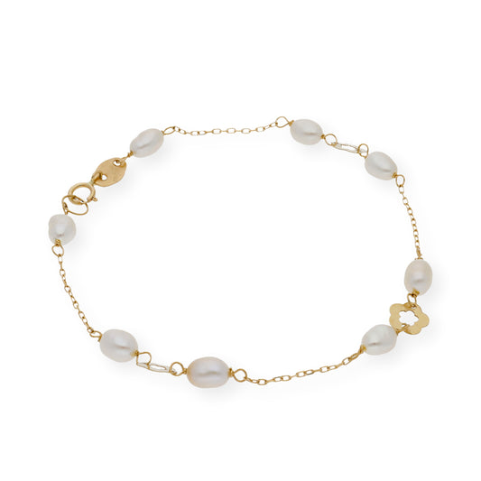 Pulsera de Perlas Barrocas y Flor de Oro de Ley 18k para Comunión