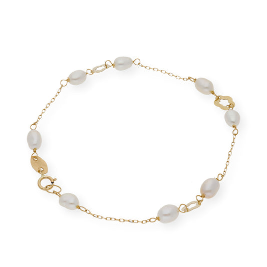 Pulsera de Perlas Barrocas y Flor de Oro de Ley 18k para Comunión
