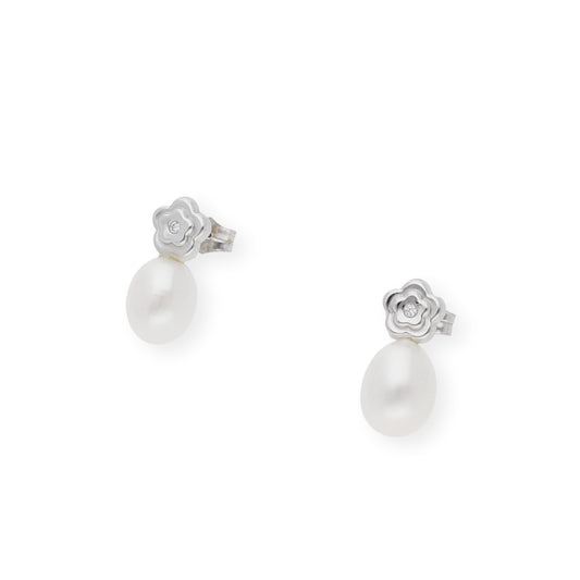 Pendientes flor de Oro Blanco 18k con Diamantes y Perlas