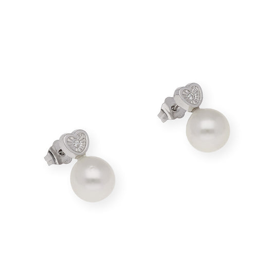 Pendientes corazón tallado de Oro Blanco 18k con Diamantes y Perlas