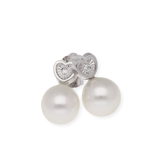 Pendientes corazón tallado de Oro Blanco 18k con Diamantes y Perlas