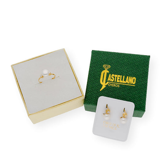 Conjunto Clara de pendientes y sortija en Oro 18k Perlas y Circonitas