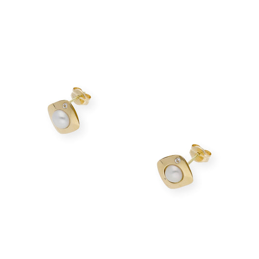 Pendientes cuadrado con perlas y circonitas oro 18k