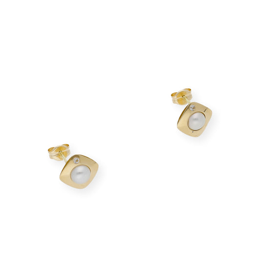 Pendientes cuadrado con perlas y circonitas oro 18k