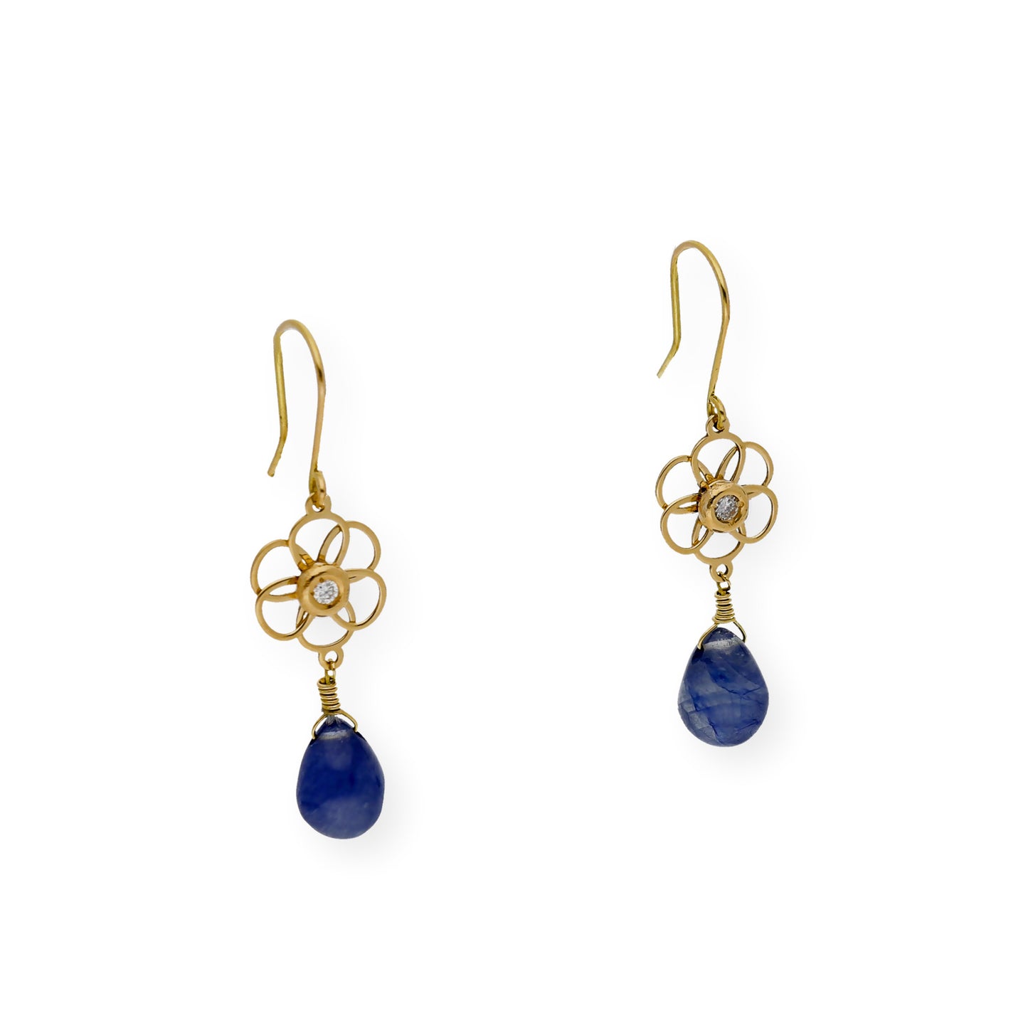 Pendientes Flor con Diamantes y Zafiros en Oro de Ley 18K
