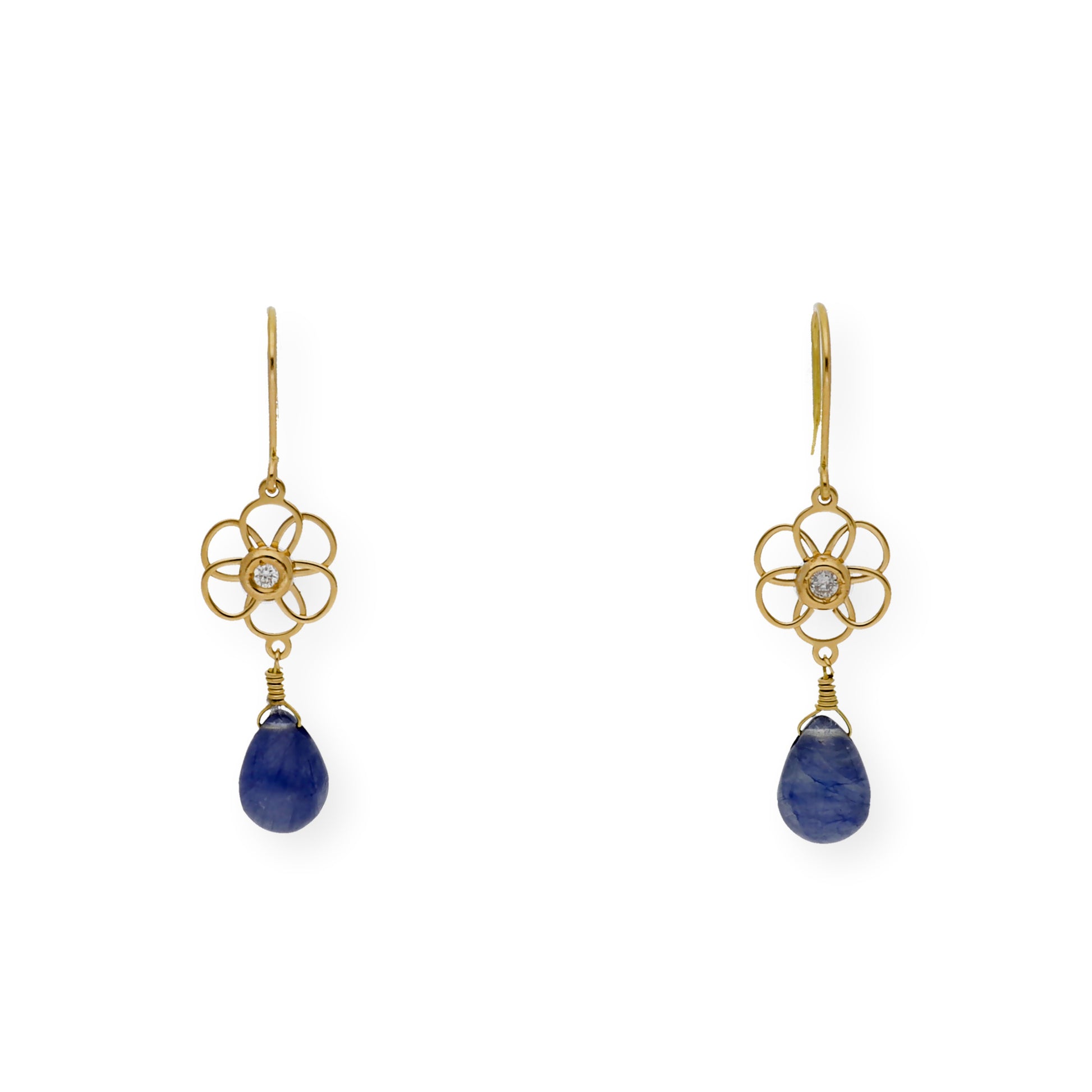Pendientes Flor con Diamantes y Zafiros en Oro de Ley 18K