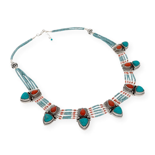 Collar Jára Étnico Tibetano plata de Ley 925 con Turquesas y Corales