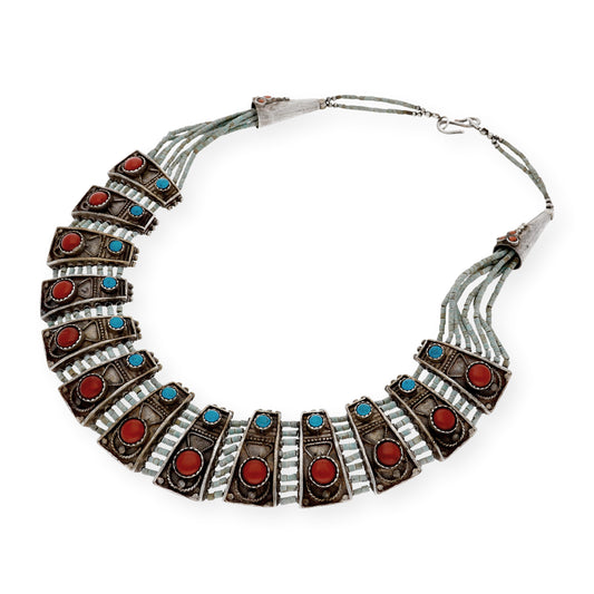 Collar Inka Étnico Tibetano plata de Ley 925 con Turquesas y Corales
