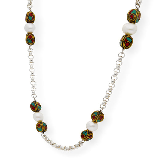 Collar Telmo Étnico Tibetano plata de Ley 925 con Perlas Turquesas y Corales