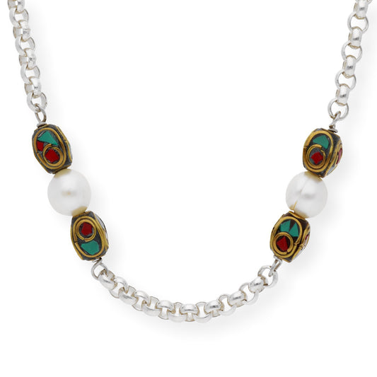 Collar Telmo Étnico Tibetano plata de Ley 925 con Perlas Turquesas y Corales