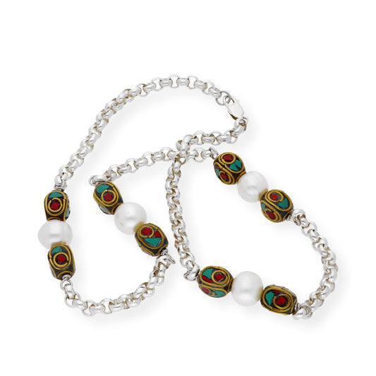 Collar Telmo Étnico Tibetano plata de Ley 925 con Perlas Turquesas y Corales