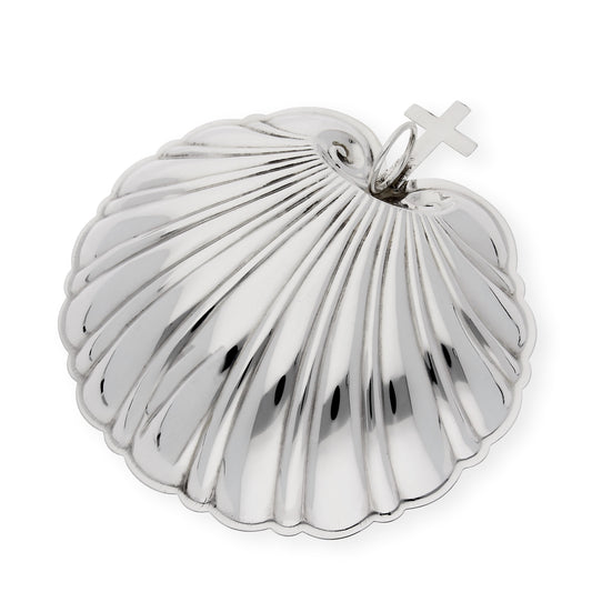 Concha de Bautismo de Plata de Ley 925 Tamaño Grande con Diseño de Cruz