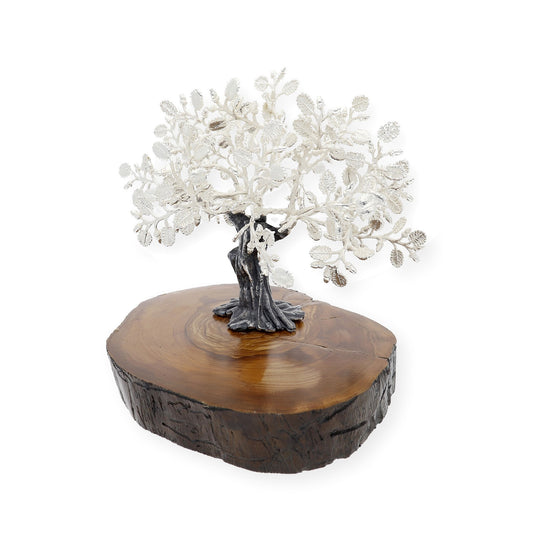 Encina Conmemorativa Personalizable Plateada con Base de Madera Natural Tamaño Pequeño