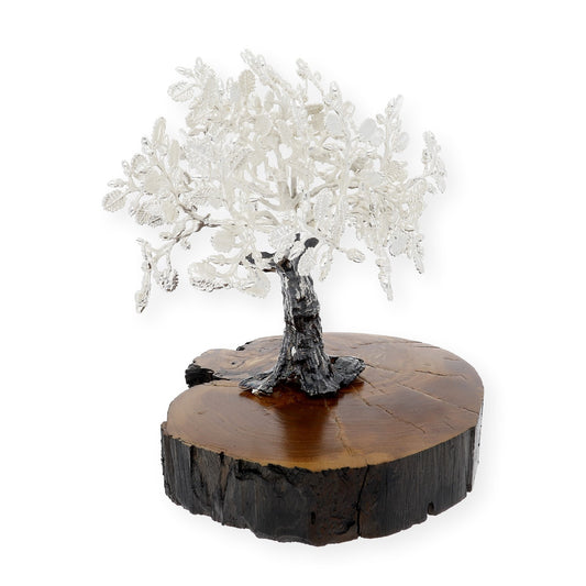 Encina Conmemorativa Personalizable Plateada con Base de Madera Natural Tamaño Mediano